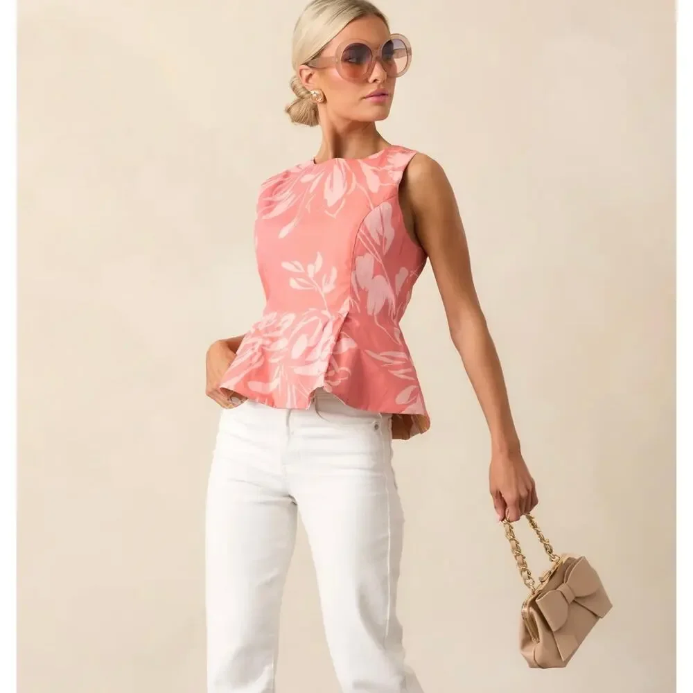 PROSPERINA SABINE ROSE PINK FLORAL PRINT COTTON REVERSIBLE PEPLUM TOP - Picture 4 of 8